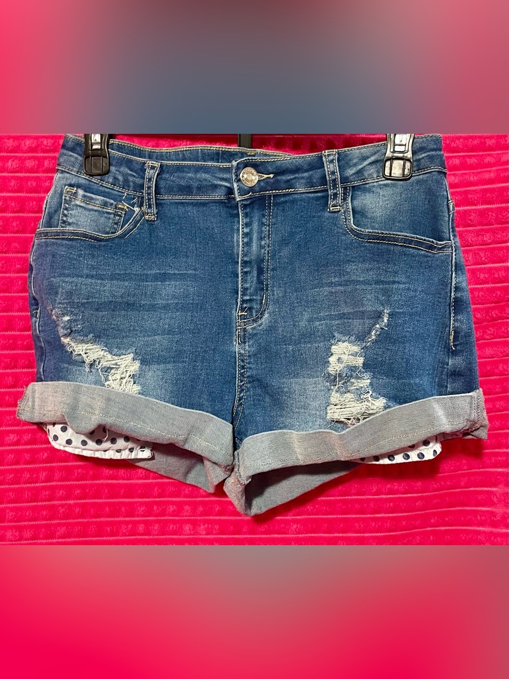 Womens Jean Shorts - Navy Polka Dot Lining